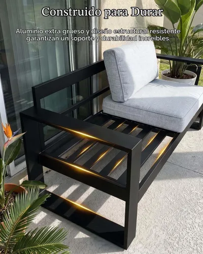Vista 4 de LayinSun - Juego de muebles de patio de aluminio para exteriores de 4 piezas, sofá de conversación moderno de metal con mesa de café y cojines Negro