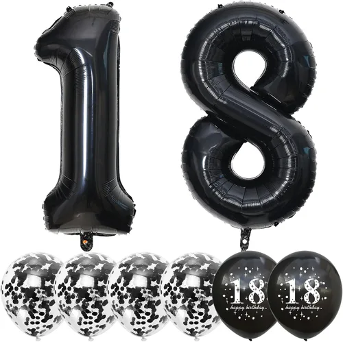 Vista 8 de Decoraciones de cumpleaños número 18 para niños y niñas, globo de aluminio con el número 18 de 40 pulgadas, globos de látex negros y metálicos