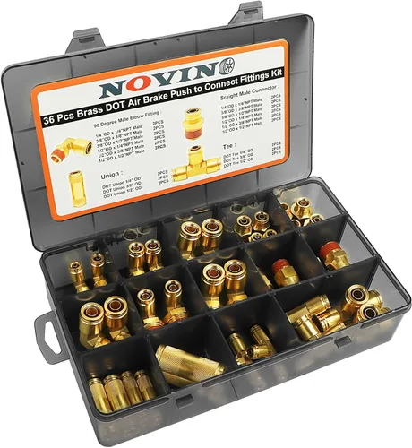 Vista 2 de Kit de surtido de 36 piezas de accesorios de línea de freno de aire DOT de latón 1/4" 3/8" 1/2", accesorios de conexión de empuje para reparación
