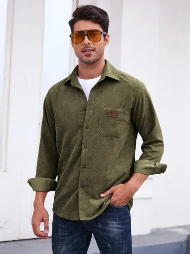 Vista 6 de Comdecevis Camisa de pana para hombre, manga larga, acanalada, con botones y bolsillo en el pecho