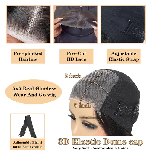 Vista 4 de Wear and Go - Pelucas de cabello humano prearrancadas precortadas 5x5 con cierre HD, pelucas de cabello humano ondulado profundo con encaje frontal