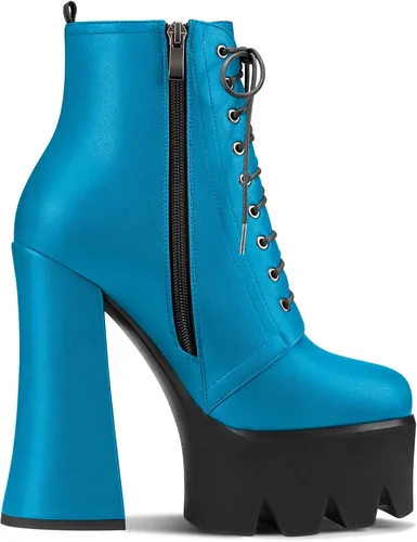 Vista 3 de HDEUOLM Botas de tobillo con tacón alto de bloque grueso para mujer, puntera redonda, botines cortos con cordones y cremallera, zapatos clásicos