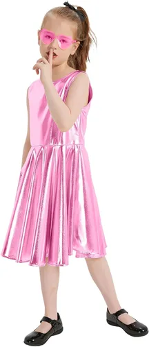 Vista 7 de Vestido metálico brillante para niñas, vestidos plisados acampanados con lentes de sol, ropa de baile para fiesta, disfraces