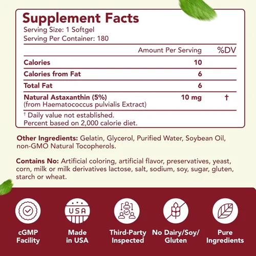 Vista 3 de Suplemento de astaxantina de fácil absorción, 10 mg de astaxantina de Haematococcus Pluvialis Microalgas frescas para apoyo a la salud de la piel