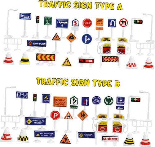 Vista 4 de Juego de 56 señales de tráfico de calles de carretera, mini luces de tráfico eléctricas, juguete para jugar (tamaño mini) Miniature Construction