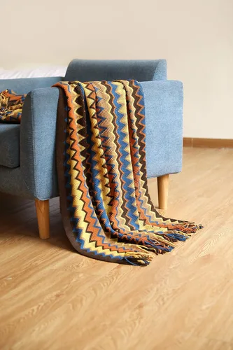 Vista 2 de Manta de punto texturizado con borlas de 51.1 x 94.5 pulgadas, a rayas para sofá, silla, cama, cama, ligera y suave