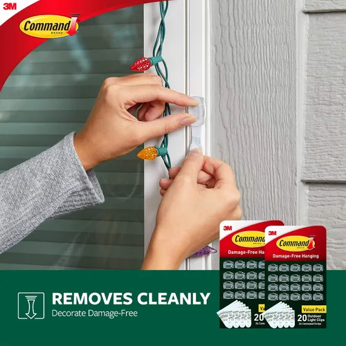 Vista 3 de Command - Clips para luces de exterior, 40 transparentes y 48 tiras, suspensión sin daños con tiras resistentes al clima, clips de pared para colgar