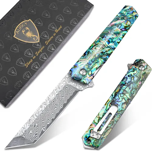 Vista 8 de AUBEY Damascus Axis Lock - Cuchillo de bolsillo con bloqueo de barra transversal de 3.46 pulgadas, cuchillos plegables con clip para hombres y Mango
