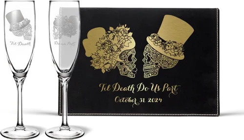 Vista 12 de Alterd Industries - Juego de 2 copas de champán personalizadas con calavera de azúcar, Til Death Do Us Part, Dia de los Muertos, regalos de boda