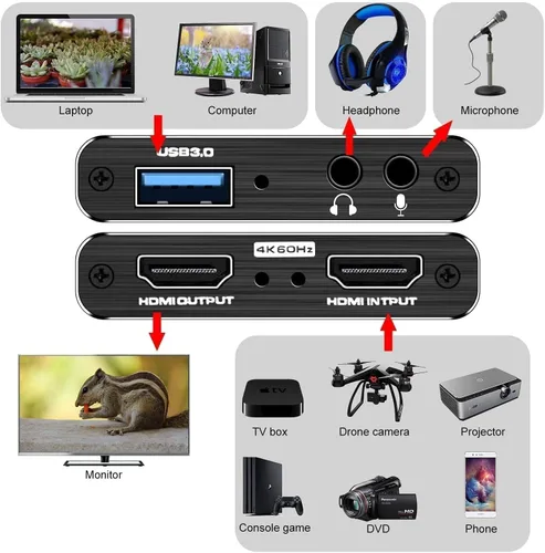 Vista 2 de Tarjeta de captura, tarjeta de captura HDMI USB3.0 Nintendo Switch, tarjeta de captura de video 4K 1080P 60FPS, tarjeta de captura