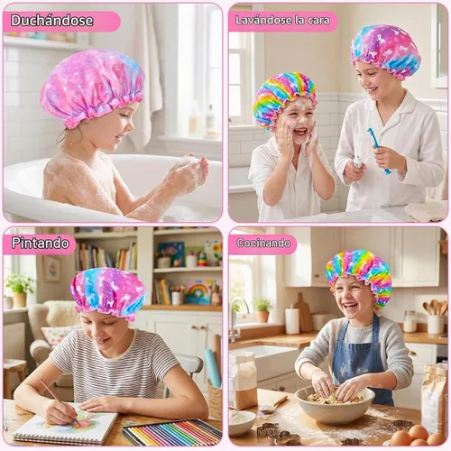 Vista 6 de Olypegic Gorro de ducha para niños, 3 piezas, para niñas, reutilizable, impermeable, ajustable, grande, con unicornio, sirena, arco iris, lindo