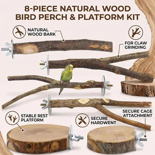 Vista 7 de Natural Wood Bird Perch Stand Platform Set, Tool Free Height Adjust