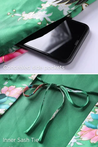 Vista 5 de BABEYOND Bata tipo kimono para mujer, bata larga de satén con estampado de pavo real y flores Verde