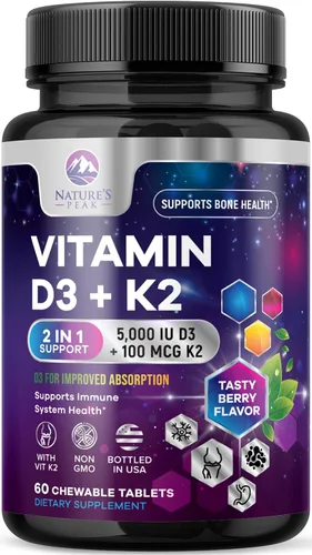Vista 10 de Vitamina D3 K2-4000 UI Vitamina D3 y 200 mcg Vitamina K2 MK-7 – Apoyo a la salud ósea, corazón e inmune – Absorción de calcio – D3K2 sabor a bayas