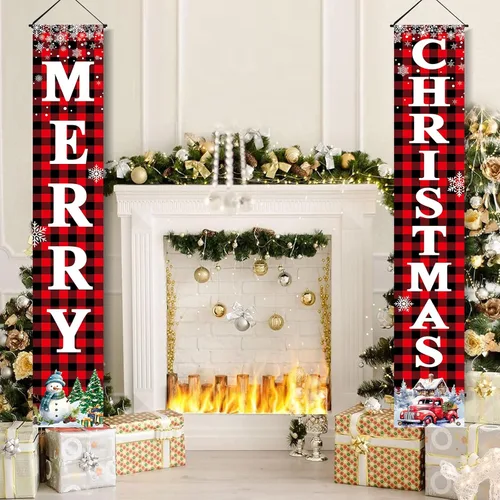 Vista 6 de Decoraciones de Navidad para patio al aire libre: cartel grande de porche delantero rojo y negro, pancarta de puerta de Navidad a cuadros de búfalo