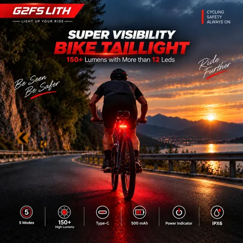 Vista 3 de Luz trasera de bicicleta recargable, IPX6 impermeable 220 amplia visibleSafety modo linterna carretera montaña paseo nocturno
