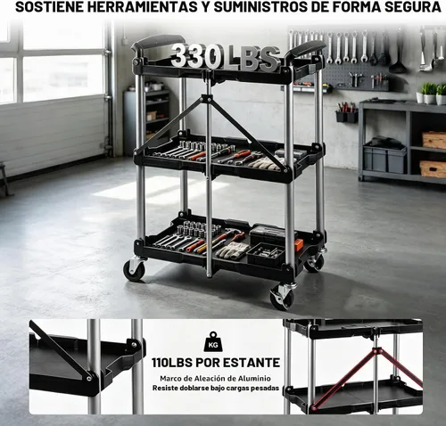 Vista 4 de BIG RED Carro de servicio plegable plegable, carrito de herramientas Negro