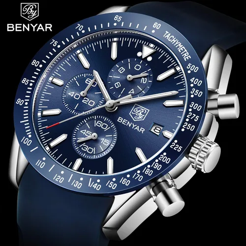 Vista 2 de BENAYR - Relojes de pulsera para hombre, cronógrafo, analógico, de cuarzo, impermeables, con correa de goma, relojes de pulsera de negocios