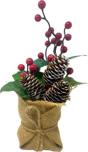 Vista 7 de BANBERRY DESIGNS Juego de 2 centros de mesa navideños para mesas, arreglos de mesa navideños con piñas, bayas rojas y vegetación, plantas rústicas