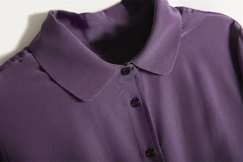 Vista 2 de Camisa de manga larga 100 seda real para mujer cuello abatible blusa morada Morado XL
