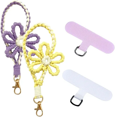 Vista 6 de VIOKKO Correa de muñeca de macramé bohemio para teléfono, cordón para teléfono celular con lengüeta de sujeción, pulsera con soporte para correa