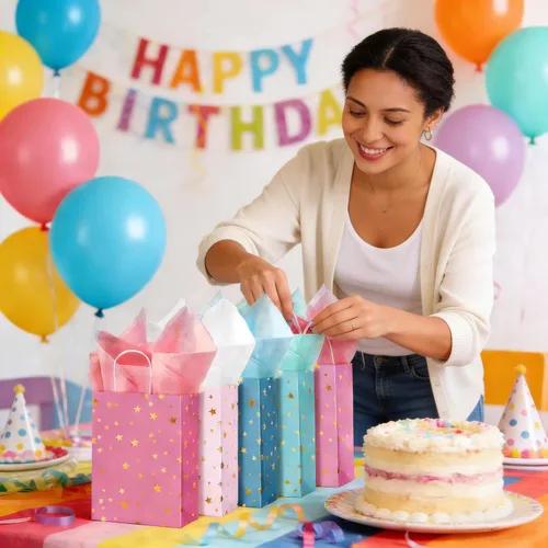 Vista 5 de Pajean Paquete de 32 bolsas de regalo de fiesta con temática de estrellas con asa, mini bolsas de regalo de papel kraft con pañuelos, suministros