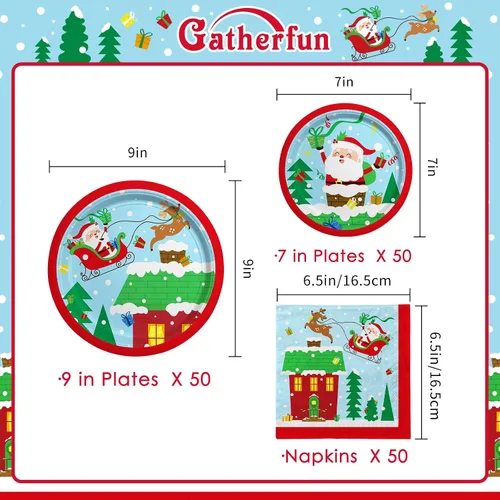 Vista 2 de Suministros de fiesta de Navidad Lamparty - Platos y servilletas desechables de papel con temática de Santa de Navidad - Perfectas decoraciones