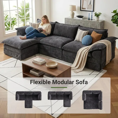 Vista 5 de Claiks Sofá modular deshuesado de 123 pulgadas, sofá en forma de L para sala de estar, sofá moderno de asiento profundo de 3 plazas, tela de Gris
