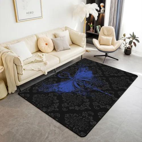 Vista 11 de Erosebridal Alfombra gótica de 3 x 5 pies, estilo bohemio, damasco, murciélago, sala de estar, antideslizante, negro, gris, azul, alfombra gótica