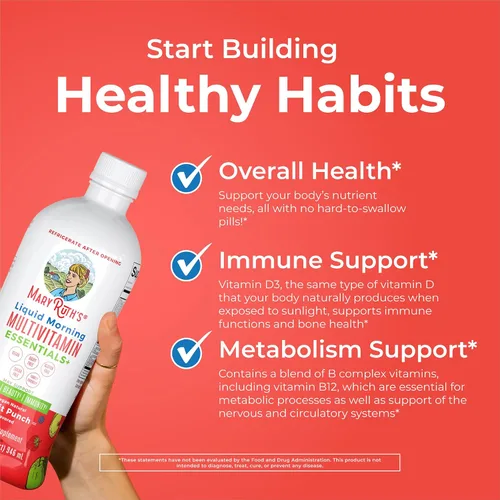 Vista 5 de MaryRuth Organics Liquid Morning Multivitamin Essentials+ Vitamina A C D E B6 B12 Biotina Zinc, para hombre y mujer, multivitamínico, apoyo