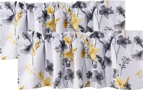 Vista 33 de H.VERSAILTEX cenefas de cortina 100% opacas para ventanas de cocina, juego de 2 paneles, estampado floral Cattleya Leah, cenefas térmicas aisladas