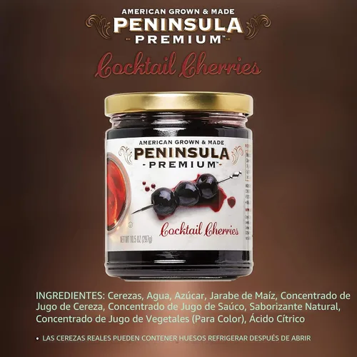 Vista 3 de Cerezas de cóctel Península Premium. Ganador de premios. Rojo borgoña intenso. Suave como la seda, rico jarabe. Lujoso sabor afrutado y agridulce.