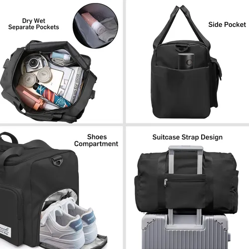 Vista 4 de Bolsa de deporte para gimnasio con compartimento para zapatos y bolsillo separado seco y húmedo para hombres y mujeres, bolso de entrenamiento