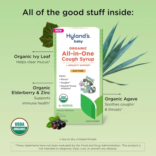 Vista 4 de Hyland's Baby Organic - Jarabe para la tos diurna todo en uno + apoyo inmunológico con saúco, vitamina C y zinc, 4 onzas líquidas