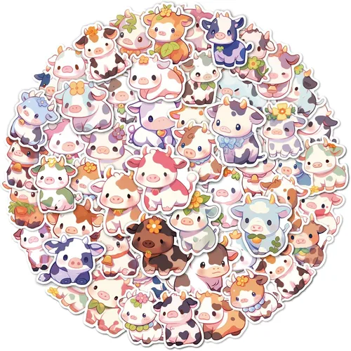 Vista 9 de Aowplc Paquete de 50 calcomanías de vaca, calcomanías de vinilo impermeables lindas de animales de dibujos animados para niños