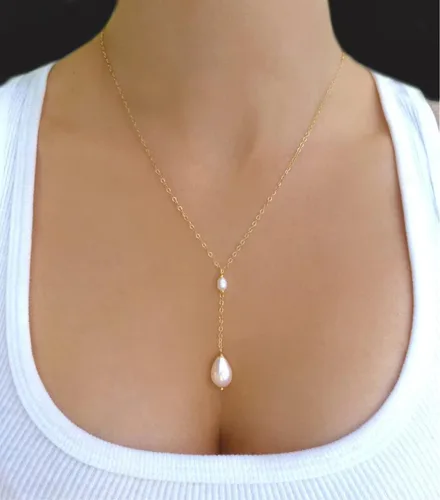Vista 2 de foyjoey Collar de cadena de gota de cruz chapada en oro con forma de Y doble corazón estrella perla larga collar para mujer acero inoxidable simple