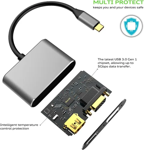 Vista 6 de Generic Adaptador USB C a HDMI VGA, soporta 4K UHD, espejos de teléfono/portátil a TV/proyector