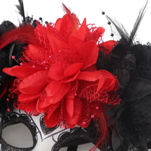 Vista 5 de GREUS Máscara de calavera de azúcar para mujer, máscara del Día de los Muertos mexicano, máscaras de flores para disfraz de Halloween, fiesta