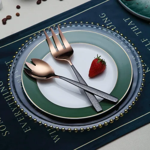 Vista 4 de Juego de servir de metal con cabeza de cobre brillante, 10 piezas, incluye servidor para pasteles, cuchara y tenedor de ensalada, cucharón