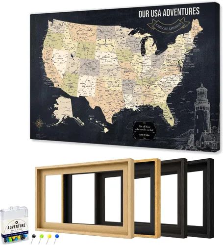 Vista 55 de IPIC - Lienzo con mapas de EE. UU. para decoración de pared, mapa con pin de empuje para marcar viajes, mapa de viaje impreso de EE. UU.