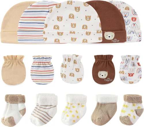 Vista 19 de Ruliby Conjunto de Gorros, Manoplas y Calcetines para Bebé de Algodón, Gorro Beanie Suave para Recién Nacidos, Gorros Guantes para Niñas y Niños 0-6
