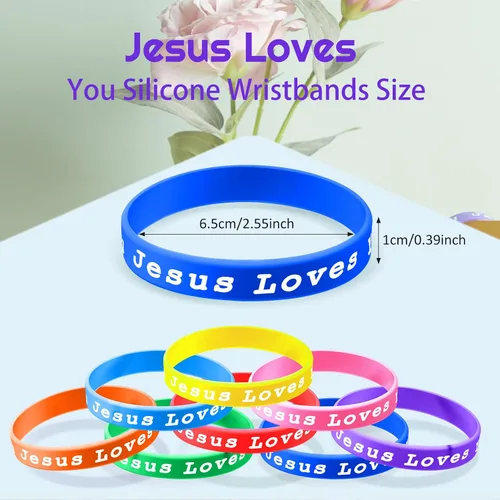 Vista 2 de Skylety Jesus Loves You - Pulseras de silicona para Pascua, coloridas pulseras de goma cristiana para niños, regalos de fiesta