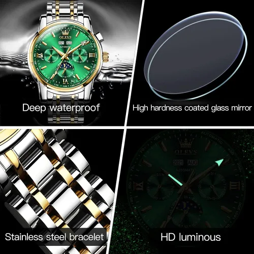 Vista 6 de OLEVS Relojes mecánicos automáticos para hombre, cuerda automática, impermeable, acero inoxidable, relojes de pulsera para hombre, reloj de lujo