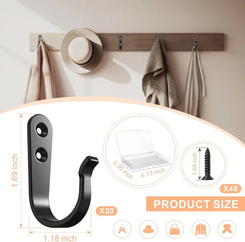 Vista 5 de BREYDROK 20 piezas de ganchos de pared de metal resistentes para abrigos, ganchos de un solo diente para colgar con 40 tornillos para toallas