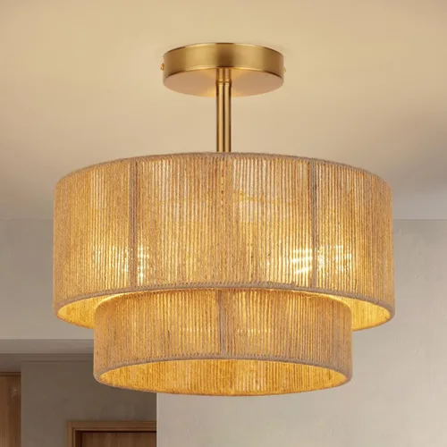 Vista 7 de Lámpara de techo semiempotrada de 16'', accesorios de iluminación bohemios, lámpara de techo empotrada de cuerda de cáñamo costera de 3 luces
