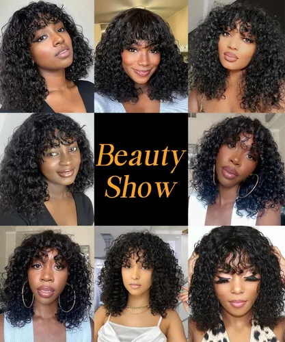 Vista 5 de Ruiyu Shaggy Haircuts Bob Curly Wig with Bangs Human Hair 2x4 HD Lace Closure Wear and Go Glueless Wig Water Wave Wigs with Bangs for Black Women