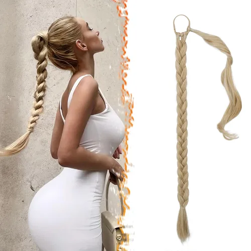 Vista 75 de Barsdar Extensión de 26 Pulgadas de Cola de Caballo Trenzada Larga con Banda Elástica - Extensiones de Cabello en Cola de Caballo Recta y Elegante