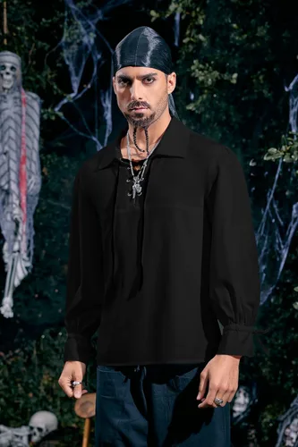 Vista 2 de Camisa de pirata medieval para hombre, vikingo, renacentista, con cordones, mercenario, Halloween, jacobita escocés, ghillie