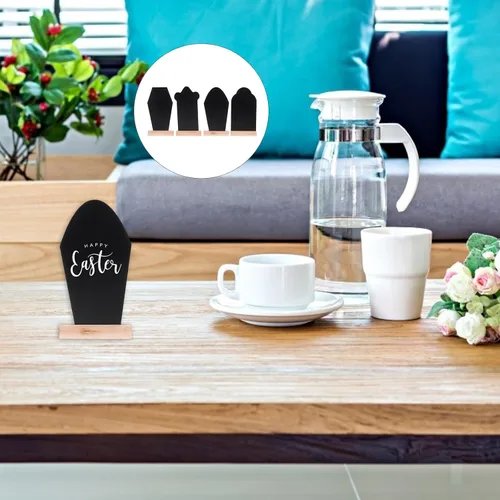 Vista 9 de Amosfun 4 letreros de pizarra de doble cara con base de madera en forma de lápida para tiendas, bodas, cocina, hogar, decoración de fiesta