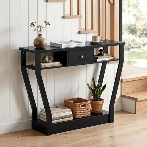 Vista 3 de BestComfort Mesa consola estrecha de 47 pulgadas con cajón, acento de entrada de madera de 3 niveles con estantes abiertos, mesa de sofá multiusos